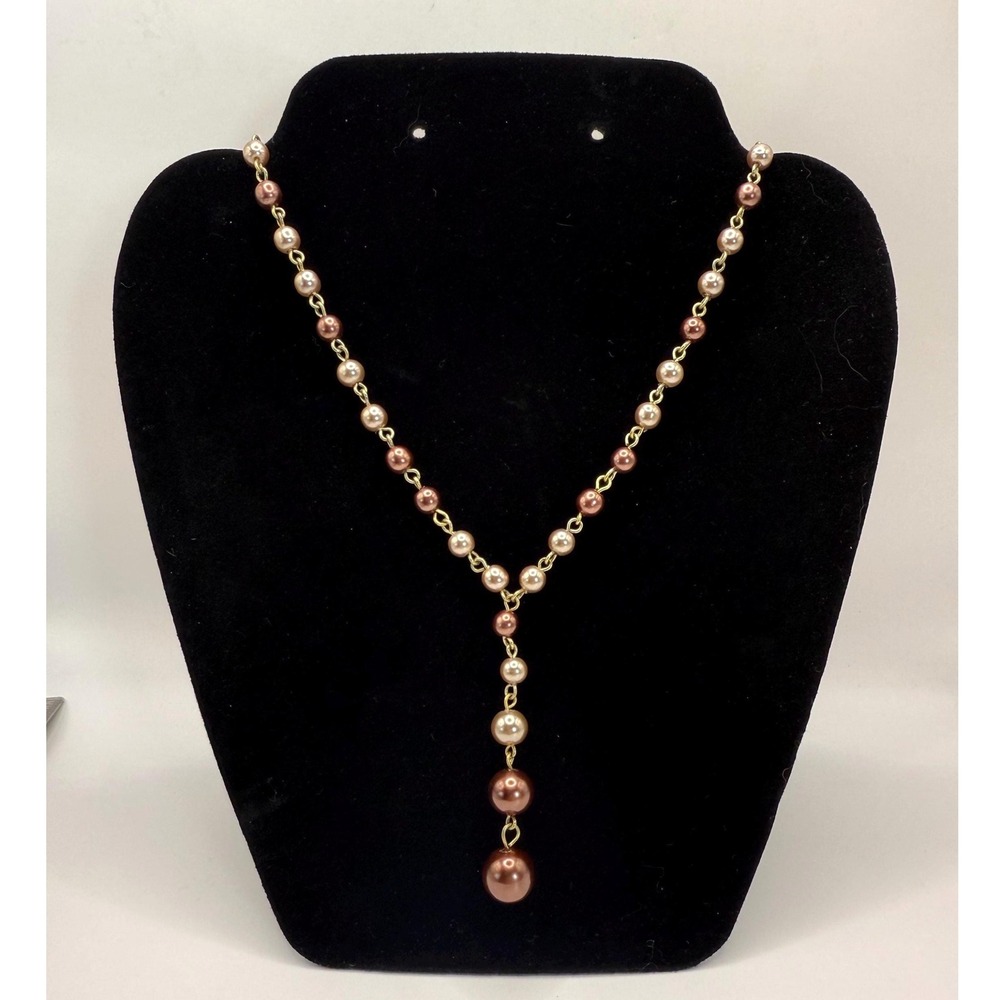 Vintage Gold Tone Y-Drop Faux Pearl Necklace – Blush & Ivory Beaded Lariat
